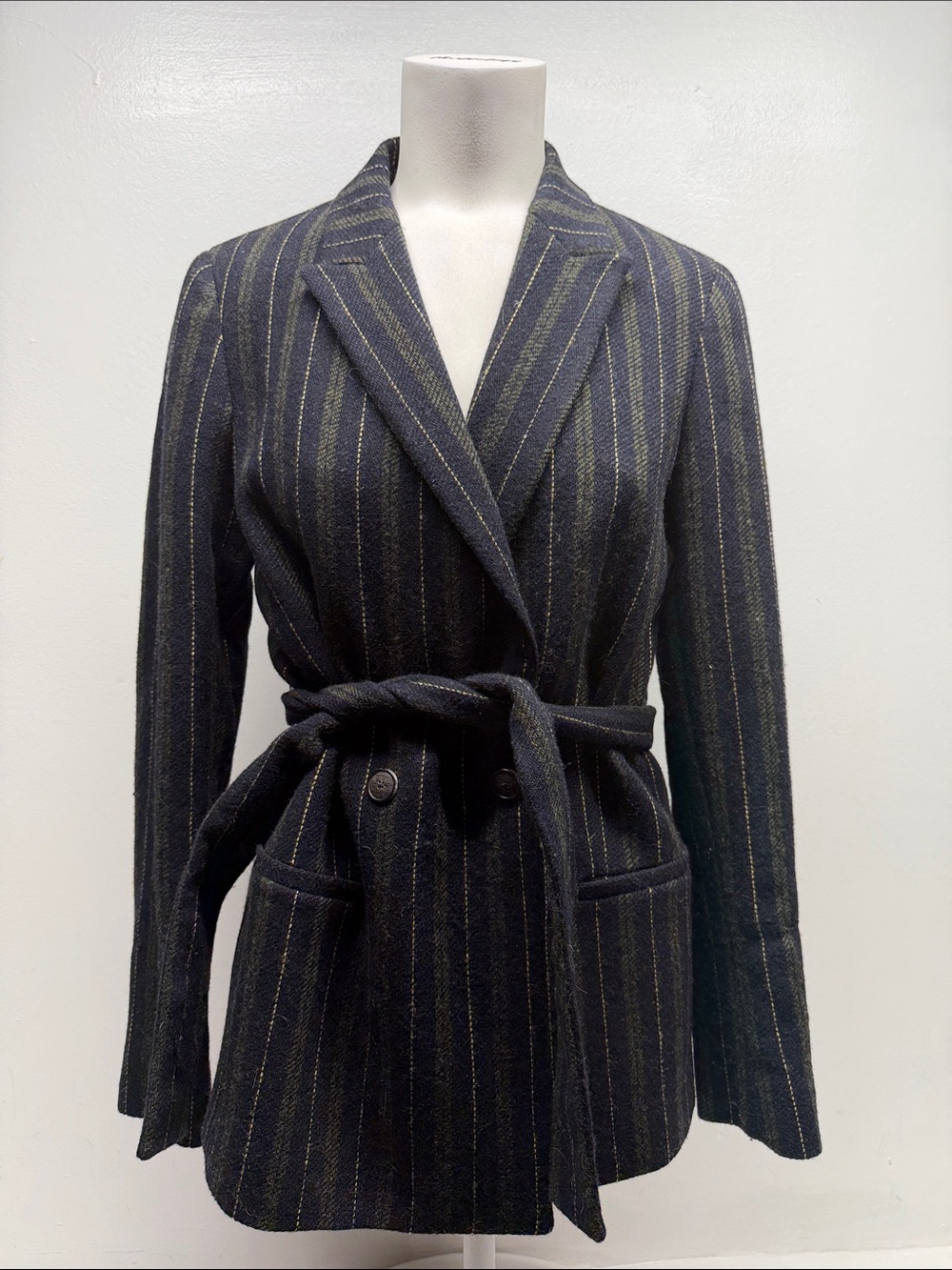 Massimo Dutti Blazer Jacket Pinstripe Belted Wool Collared Long Sleeve Black 4